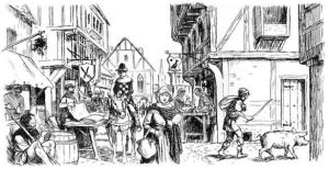 Drawing of medieval Stratford-Upon-Avon